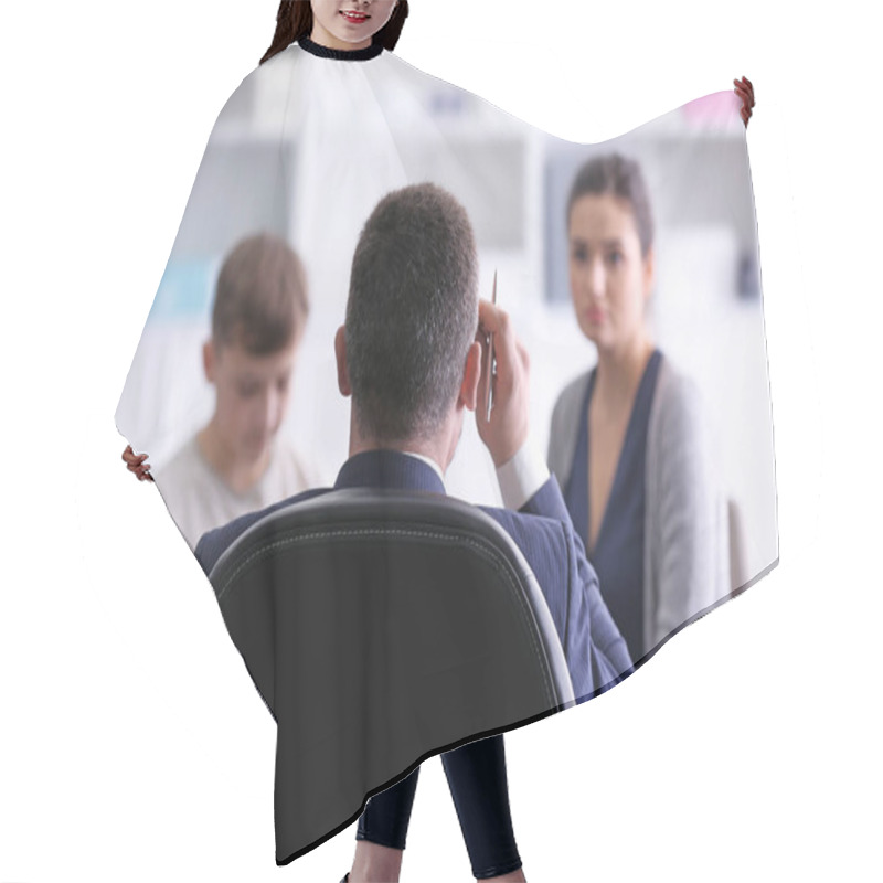 Personality  Young Woman With Son During Teacher-parent Meeting At School Hair Cutting Cape