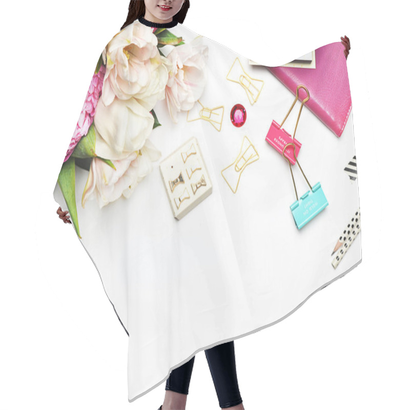 Personality  White Background And Stationery Accessories, Woman Desk, Scrap, Peonies Flowers Hair Cutting Cape