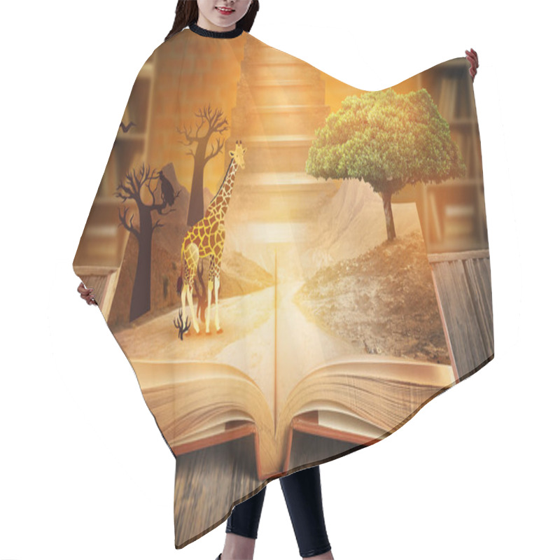 Personality  Open Magic Book With Growing Tree And Giraffe On Wooden Table In Library Hair Cutting Cape