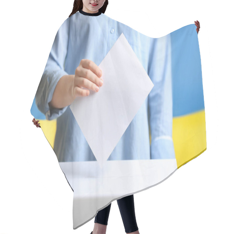 Personality  Woman Putting Voting Paper Into Ballot Box Against Ukrainian Flag, Closeup Hair Cutting Cape