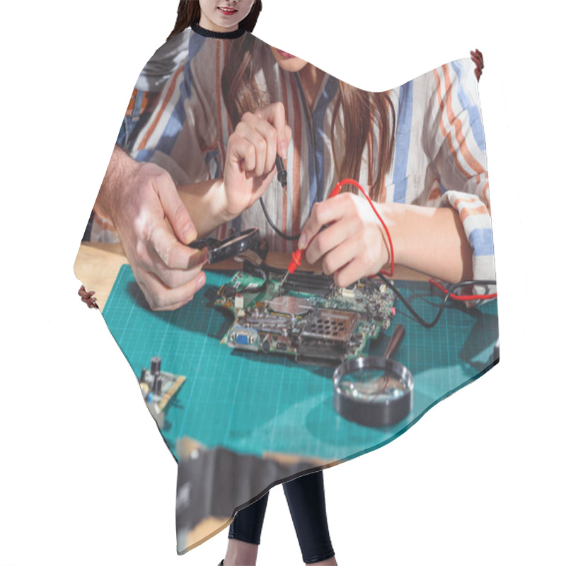 Personality  Team Of Engineers Working With Circuit Board And Multimeter Hair Cutting Cape