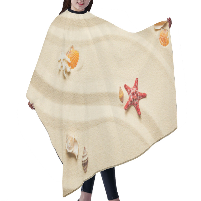 Personality  Top View Of Red Starfish And Seashells On Sandy Beach In Summertime Hair Cutting Cape