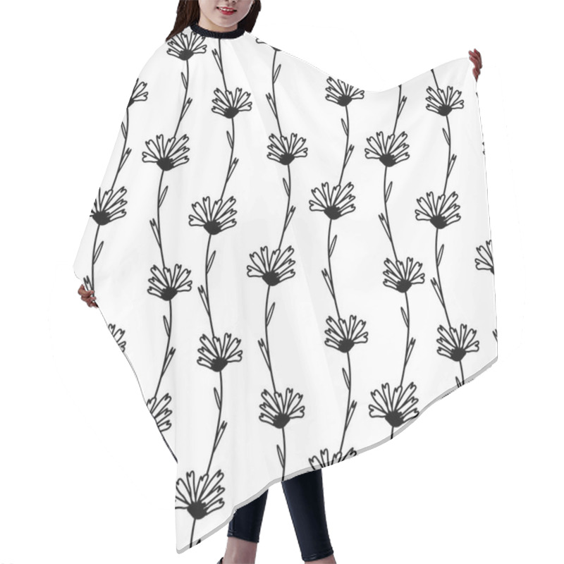 Personality  Seamless Floral Pattern Black And White Wildflower.Vector Botanical With Monochrome Flowers Line Print In Doodle Style.Designs For Textiles,fabric,wrapping Paper,packaging,social Media,web. Hair Cutting Cape