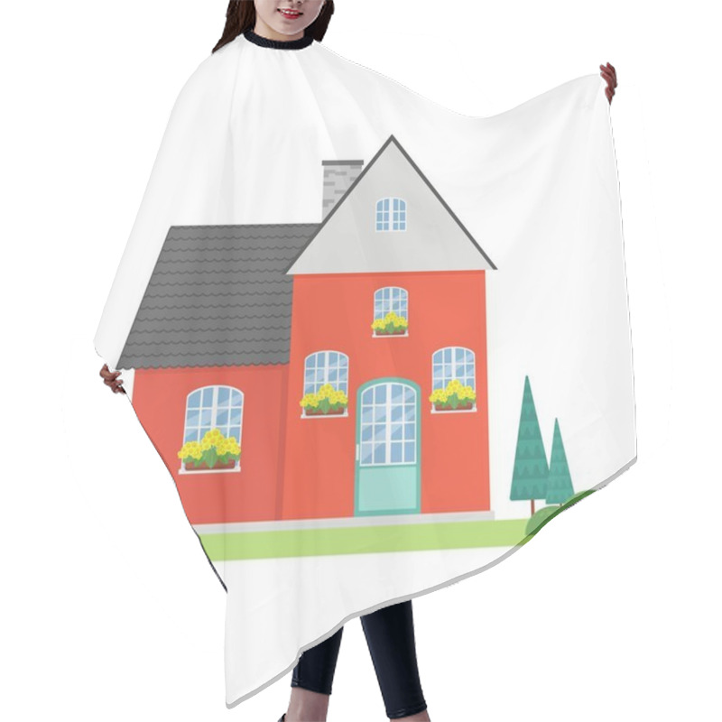 Personality  Family House Vector Illustration In Flat Style, Cartoon Isolated. Cute Cozy Home Hair Cutting Cape