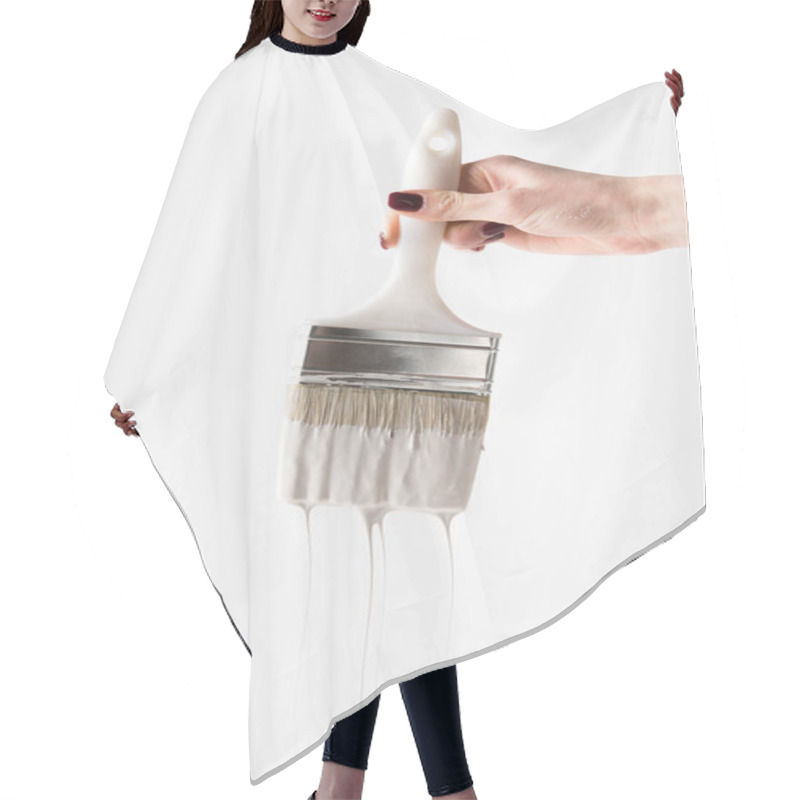 Personality  Cropped Image Of Girl Holding Brush In White Paint Isolated On White Hair Cutting Cape