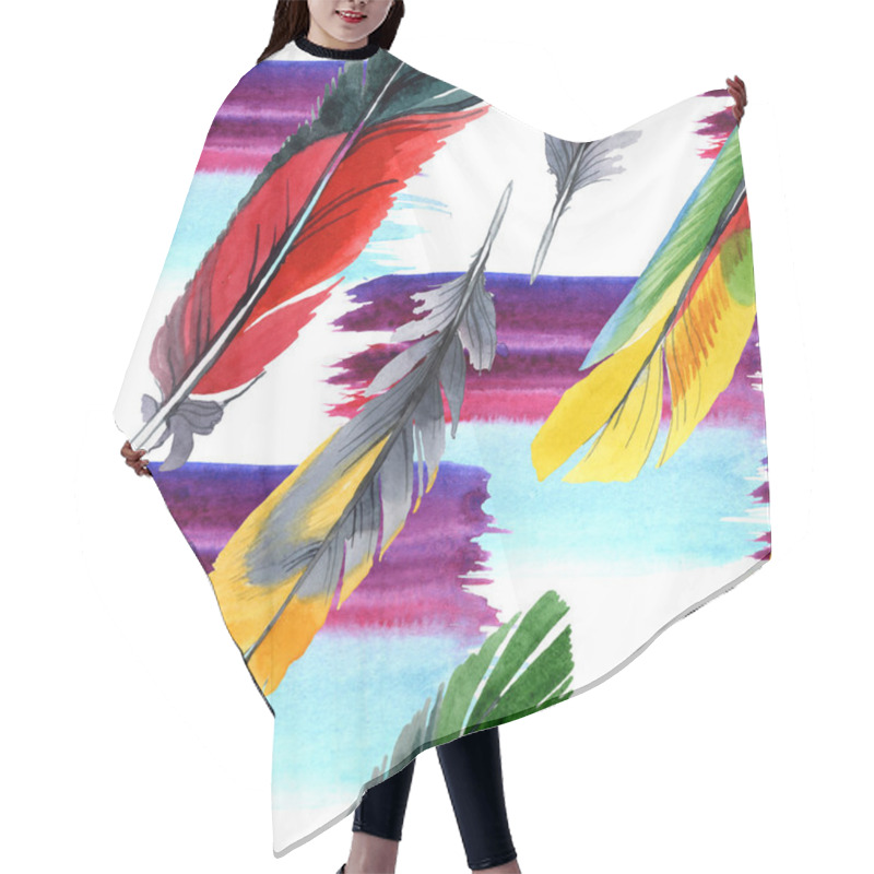 Personality  Colorful Bird Feather From Wing Isolated. Watercolour Drawing Fashion Aquarelle. Fabric Wallpaper Print Texture. Hair Cutting Cape