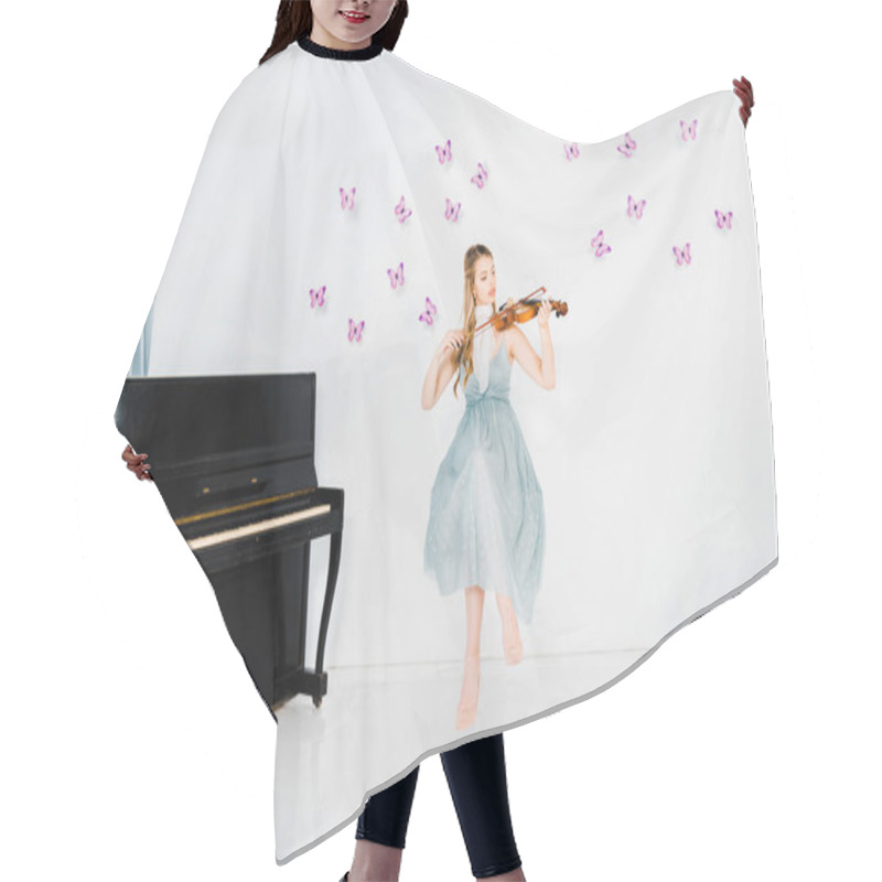 Personality  Floating Girl In Blue Dress Playing Violin On White Background With Purple Butterflies Hair Cutting Cape