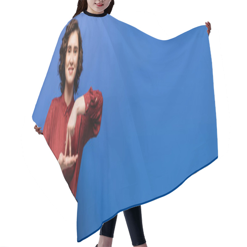 Personality  Happy Young Woman Showing Symbol Meaning Stand On Sign Language Isolated On Blue, Banner Hair Cutting Cape