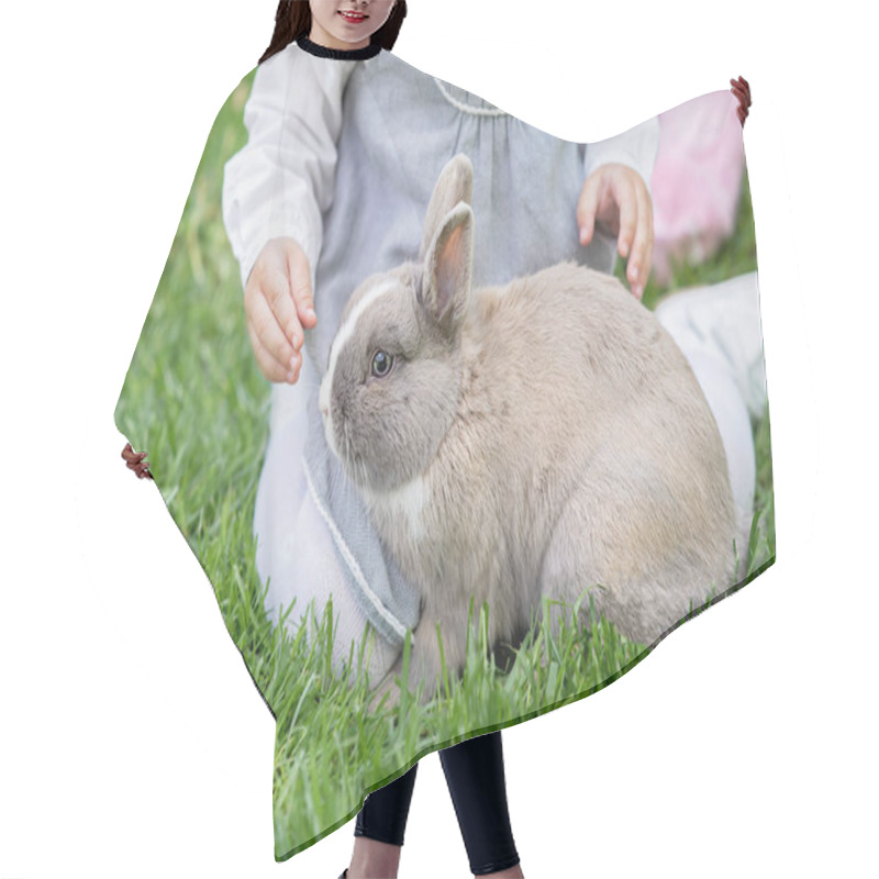 Personality  Children Play With Real Rabbit. Laughing Child At Easter Egg Hunt With Pet Bunny. Hair Cutting Cape