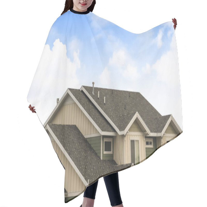 Personality  Panorama Frame House Exterior With View Of The Dark Pitched Roof Against A Cloudy Blue Sky Hair Cutting Cape