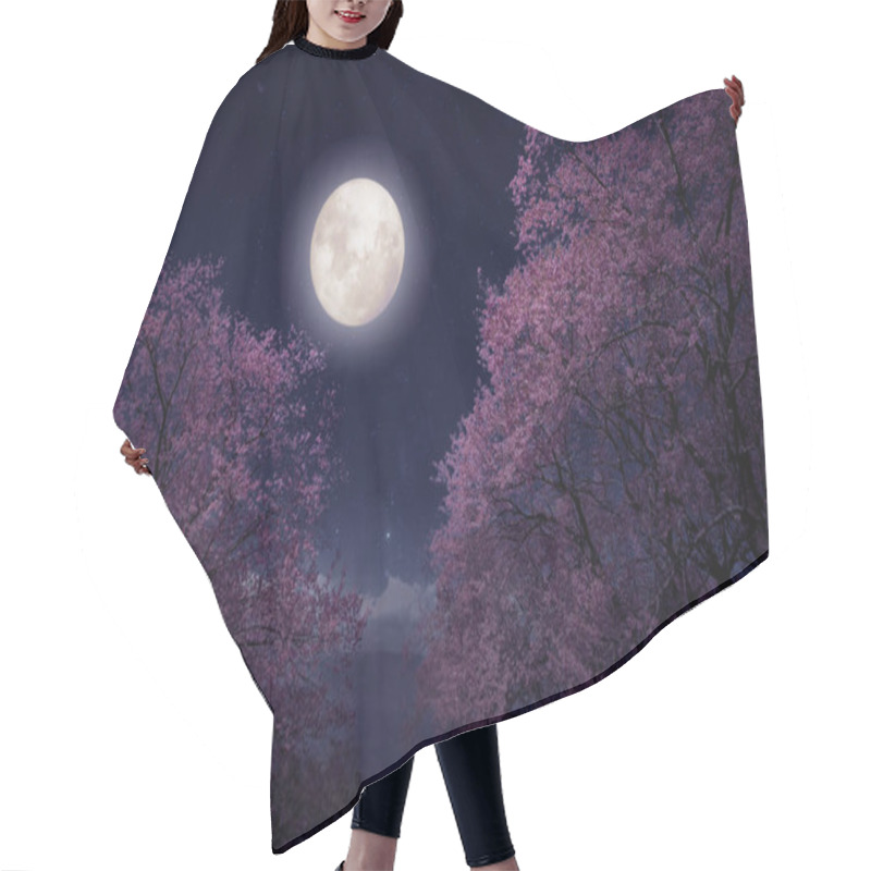 Personality  Romantic Night Scene - Beautiful Cherry Blossom (sakura Flowers) In Night Skies With Full Moon. Fantasy Style Artwork With Vintage Color Tone. Hair Cutting Cape