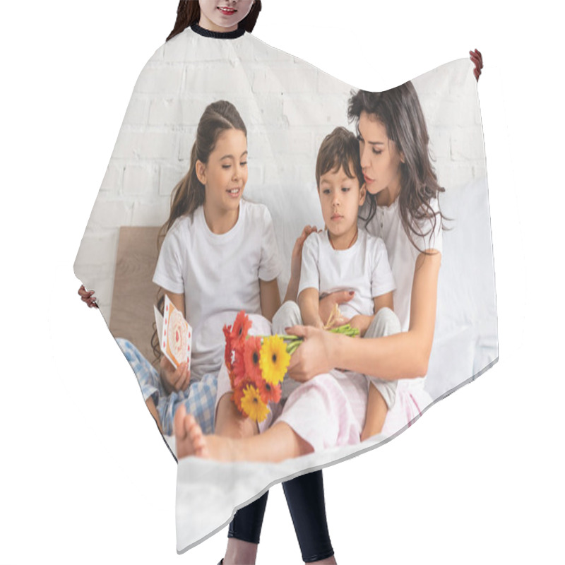 Personality  Happy Woman Holding Flowers And Embracing Son, While Daughter Holding Mothers Day Card Hair Cutting Cape