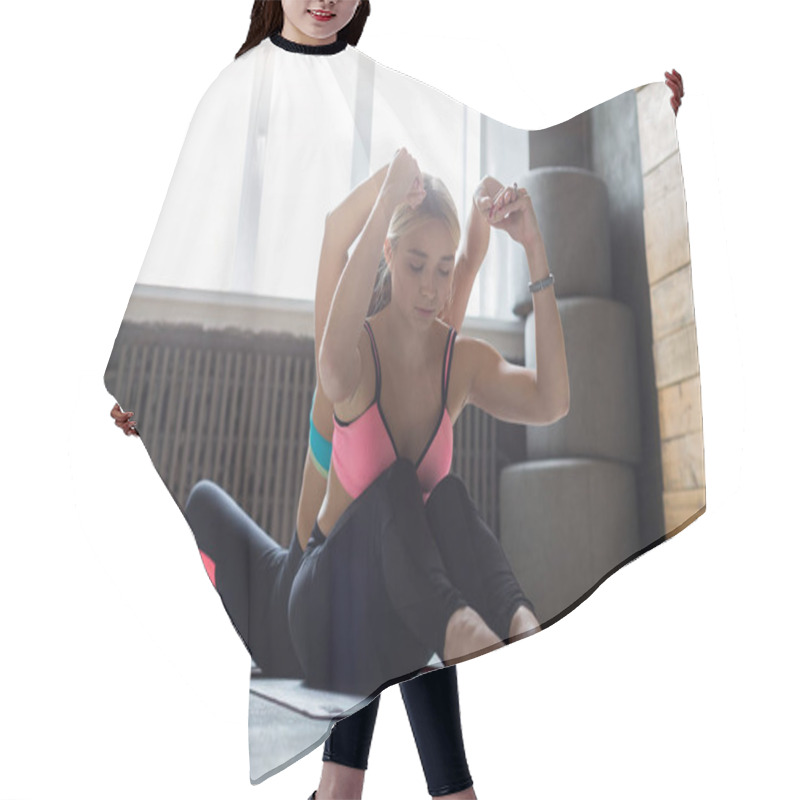 Personality  Woman With Yoga Instructor In Class, Back Bend Stretching Hair Cutting Cape