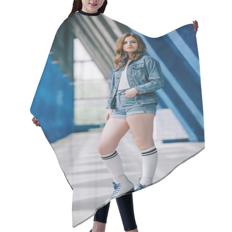 Personality  Side View Of Stylish Woman In Denim Clothing, High Socks And Retro Roller Skates Hair Cutting Cape