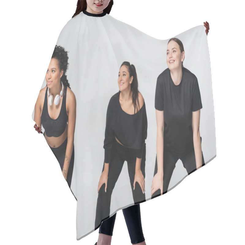 Personality  Three Fit Women Confidently Train Together In Stylish Workout Gear. Hair Cutting Cape