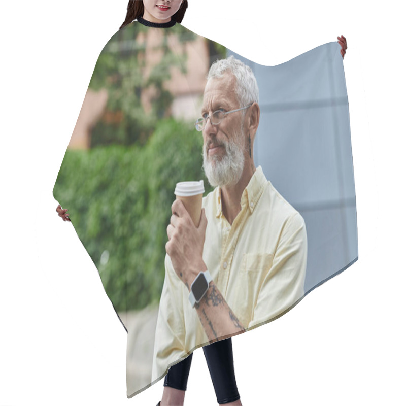 Personality  Middle-aged Man With Beard, Glasses Holds Coffee, Gazes At Modern Building, Enjoying View Hair Cutting Cape