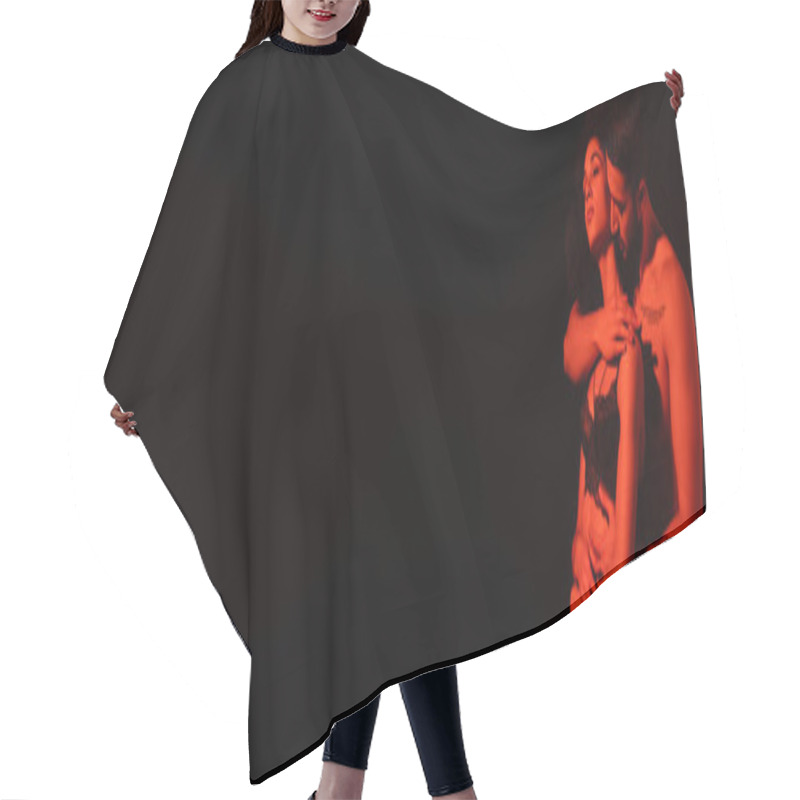 Personality  Man Embracing African American Girlfriend In Bra In Red Light Isolated On Black, Banner  Hair Cutting Cape