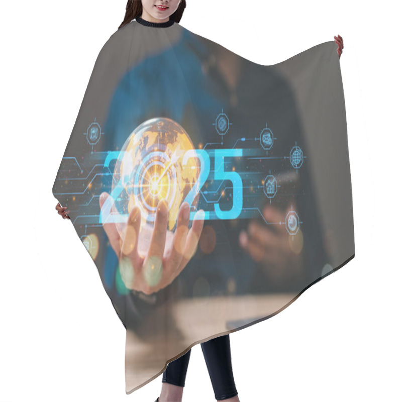 Personality  Person Holds Glowing Globe, Symbolizing Technological Advancements And Global Connectivity, While Digital Icons Float Around, Representing Innovation And Strategic Planning For Year 2025 Hair Cutting Cape