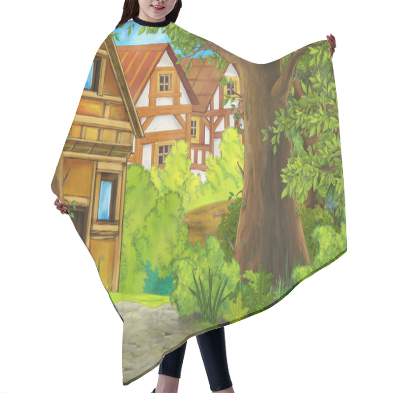 Personality  Cartoon Summer Scene With Path To The Farm Village - Nobody On The Scene - Illustration For Children Hair Cutting Cape