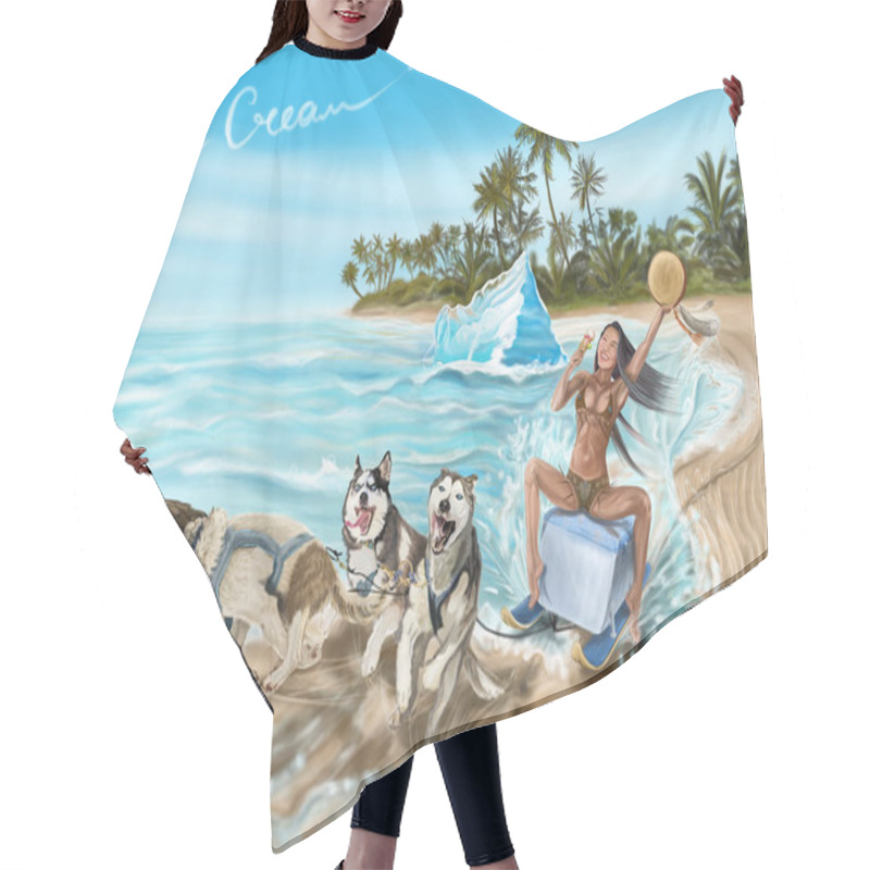 Personality  Girl With Ice Cream On The Beach. Husky Dogs, Ice, Sea, Beach, Ice Cream, Tropics. Hair Cutting Cape