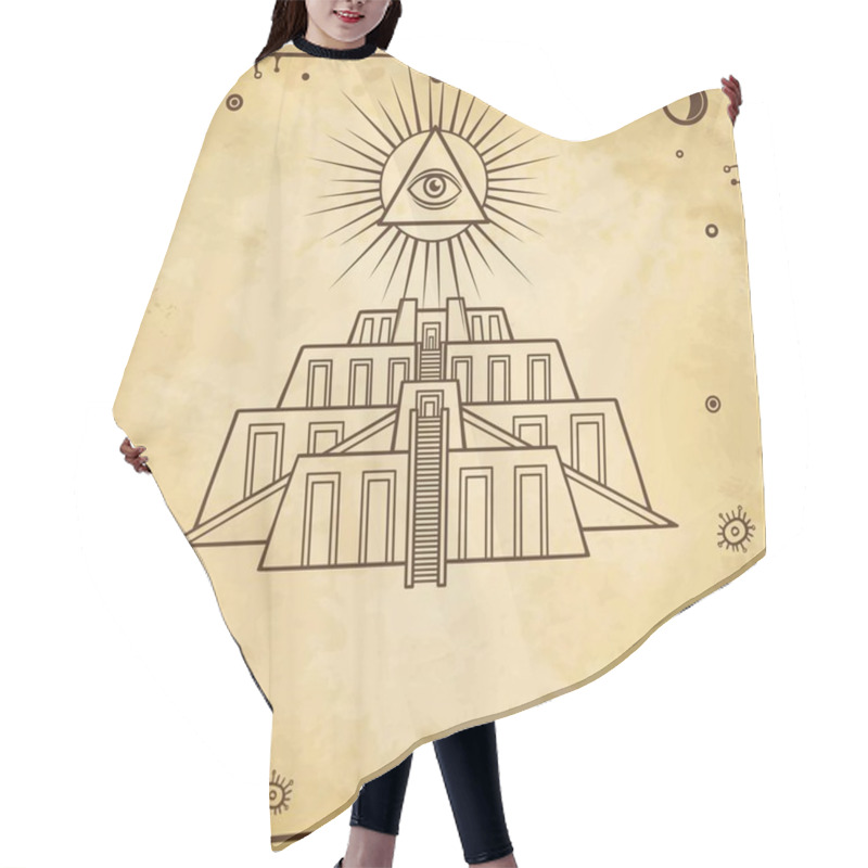 Personality  Cartoon Drawing: Ancient Zikkurat. Architecture Of Babylon, Assyria, Mesopotamia. All-seeing Divine Eye. Space Symbols. Background -imitation Of Old Paper. Vector Illustration. Hair Cutting Cape