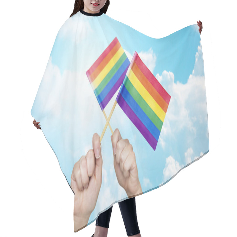 Personality  Hands Holding Rainbow Flags Over Sky Background Hair Cutting Cape