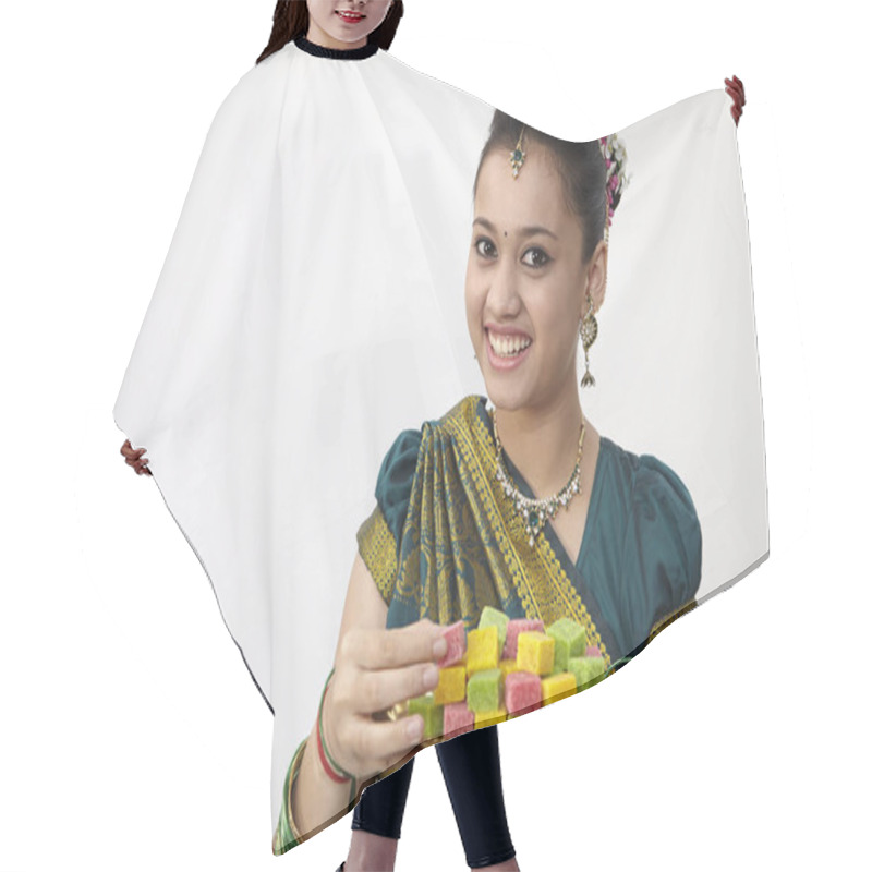 Personality  Cheerful Indian Lady Holding Tray Of Candy Hair Cutting Cape