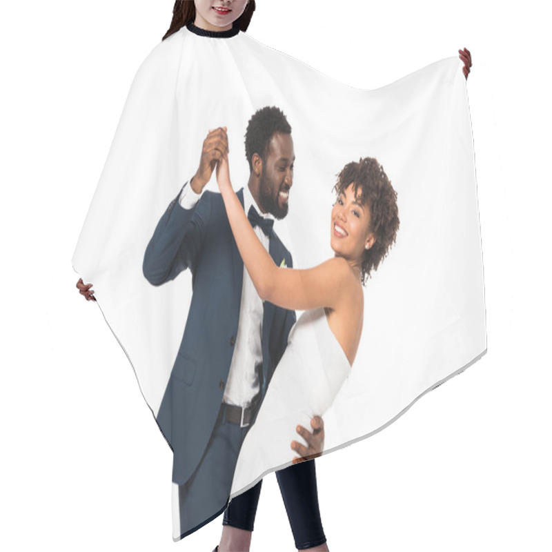 Personality  Happy African American Bridegroom Looking At Bride While Dancing Isolated On White  Hair Cutting Cape