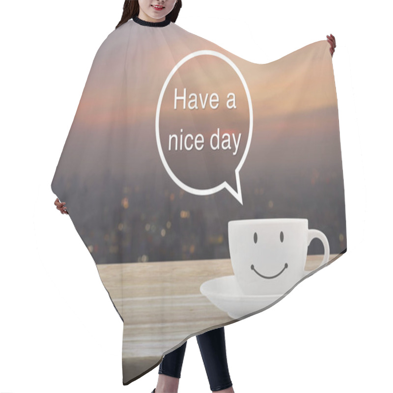 Personality  Happy Smile White Coffee Cup On Wooden Table Over Blur Cityscape Hair Cutting Cape