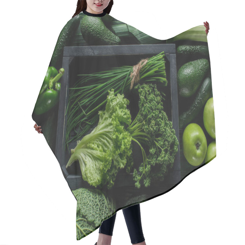 Personality  Top View Of Herbs In Wooden Box Between Green Vegetables, Healthy Eating Concept Hair Cutting Cape