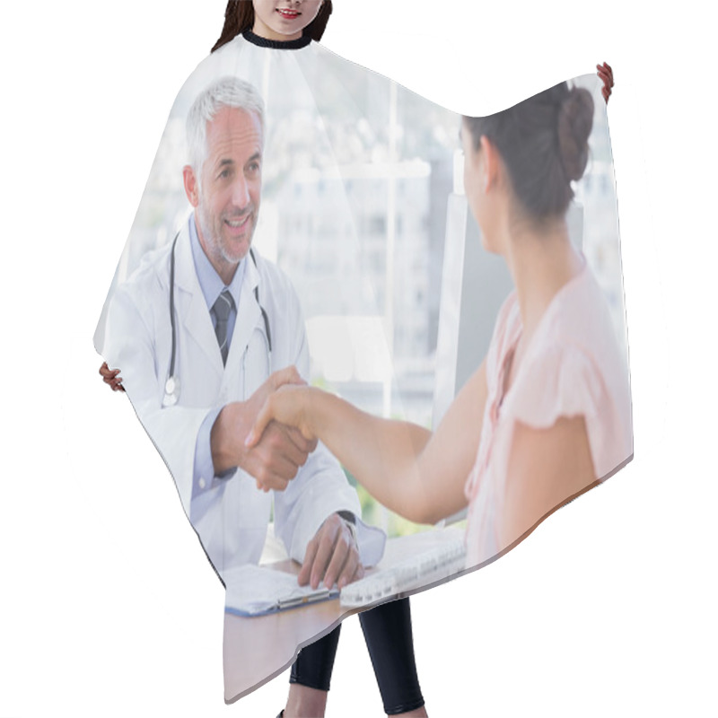 Personality  Doctor Shaking Hands To Patient Hair Cutting Cape