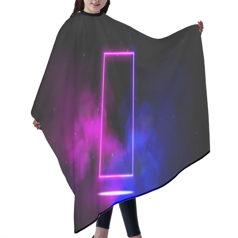 Personality  Neon Light Frame In Cloud Of Smoke On Black Background. Vector Realistic Illustration Of Rectangle Pink And Blue Border, Transparent Haze, Stars Sparkling In Night Sky, Nightclub Stage Decoration Hair Cutting Cape