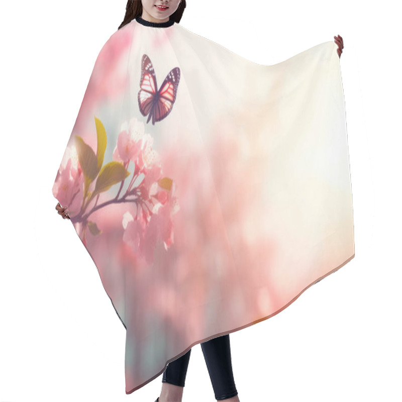 Personality  Spring Background With Pink Blossom And Fly Butterfly. Beautiful Nature Scene With Blooming Tree And Sun Flare Hair Cutting Cape