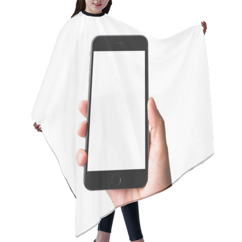 Personality  Woman Hand Holding A Smartphone Blank White Screen. Female Holds The Modern Mobile Phone On Hands Studio Shot Isolated On Over White Background With Clipping Mask Path On The Phone And Screen Hair Cutting Cape