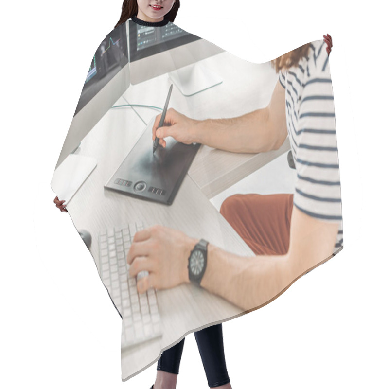 Personality  Cropped View Of Editor Typing On Computer Keyboard  Hair Cutting Cape