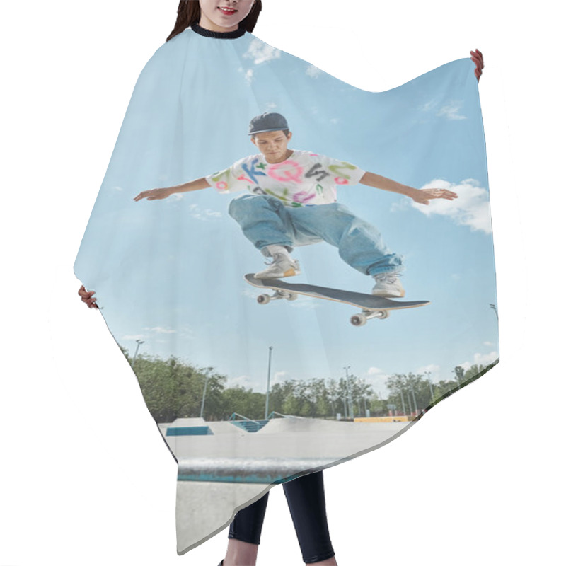 Personality  A Young Man Confidently Rides His Skateboard Up The Steep Incline Of A Ramp In A Sunny Outdoor Skate Park. Hair Cutting Cape