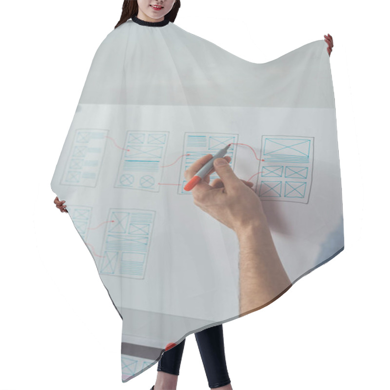 Personality  Cropped View Of Designer Planning App Layouts With Sketches On Mobile Website Template On Whiteboard  Hair Cutting Cape