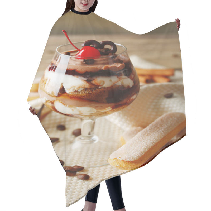 Personality  Tasty Tiramisu Dessert In Glass, On Wooden Background Hair Cutting Cape