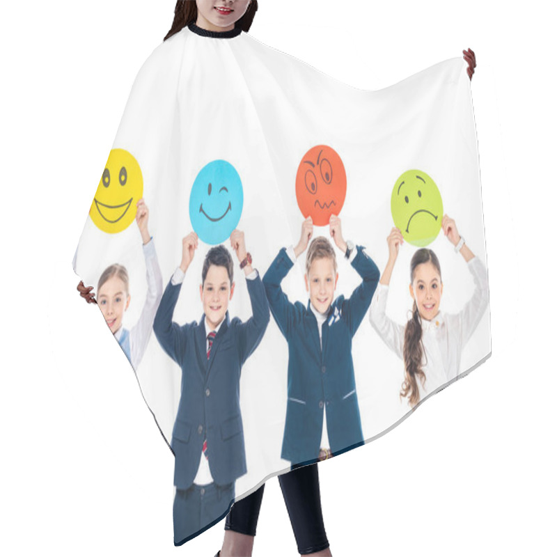 Personality  Happy Schoolchildren In Formal Wear Holding Cards With Various Face Expressions Isolated On White Hair Cutting Cape