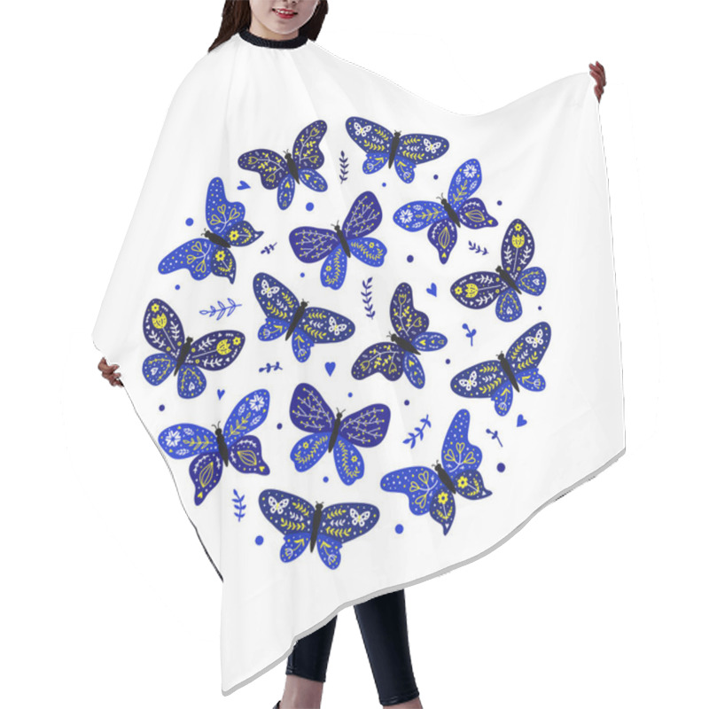 Personality  Blue Doodle Butterflies With Floral Decor In Scandinavian Folk Style Composed In Circle Shape. Hair Cutting Cape