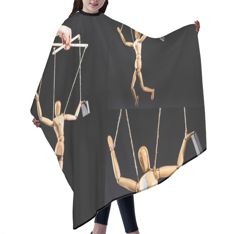 Personality  Cropped View Of Puppeteer And Wooden Marionette In Tie Isolated On Black, Collage Hair Cutting Cape