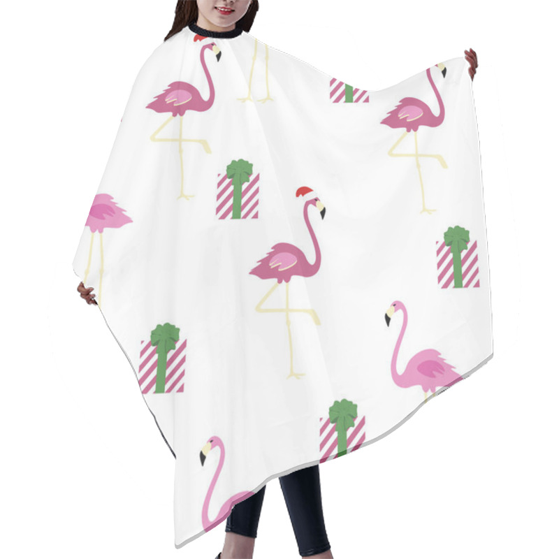 Personality  Tropical Christmas Flamingo Seamless Pattern Pink Flamingo With Christmas Hat, Gift, On White Background Easy For Paper, Fabric, Christmas Cards, Packing, Invitation, Other Your Designs. Hair Cutting Cape