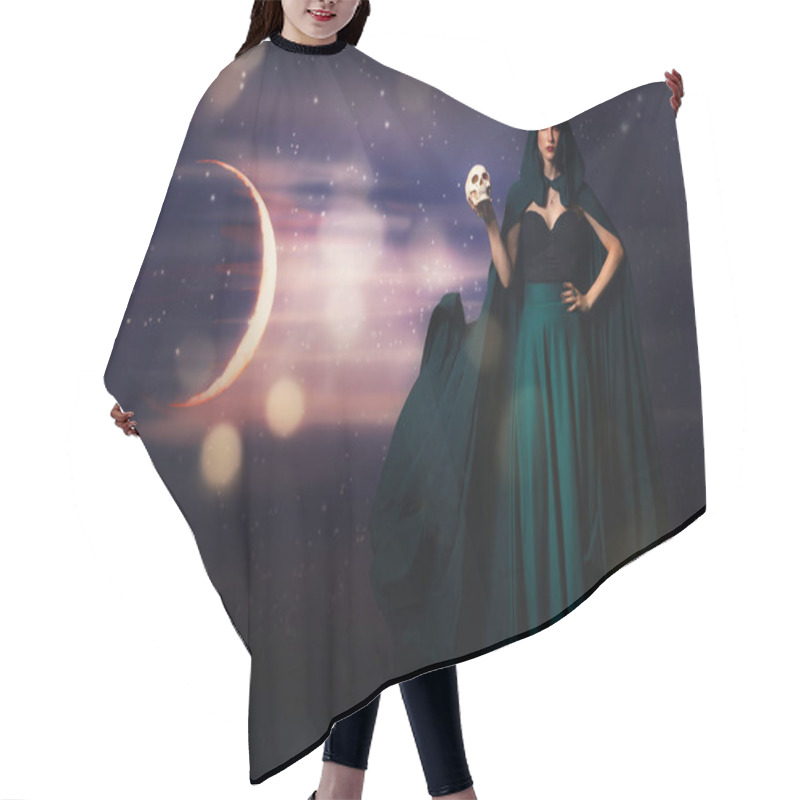 Personality  Young Witch With Skull Against Night Sky Hair Cutting Cape