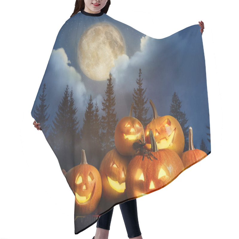 Personality  Spooky Jack O Lantern Pumpkins With Creepy Spider In Misty Forest Under Full Moon On Halloween Hair Cutting Cape