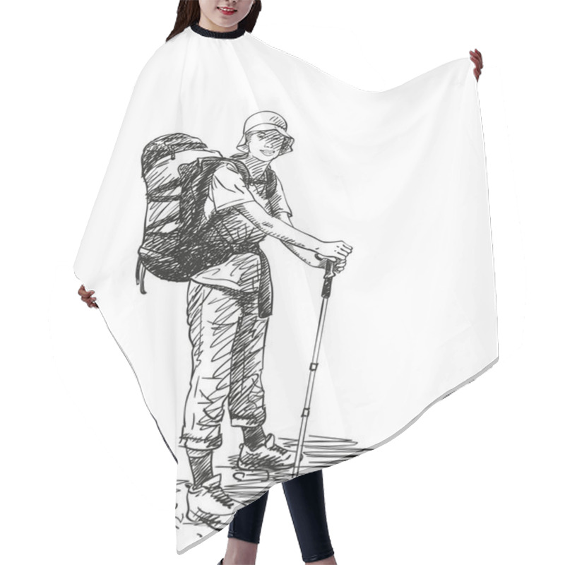 Personality  Sketch Of Trekking Woman With Big Backpack, Hand Drawn Vector Illustration Hair Cutting Cape