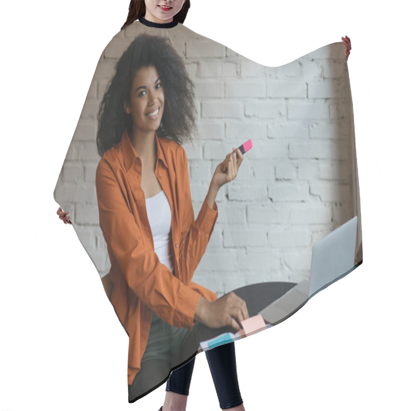 Personality  Portrait Of Confident Agile Scrum Master  Planning Sprint, Using Sticky Notes For Productivity. Business Woman Working Start Up Project In Modern Office. Successful Business And Career Concept  Hair Cutting Cape