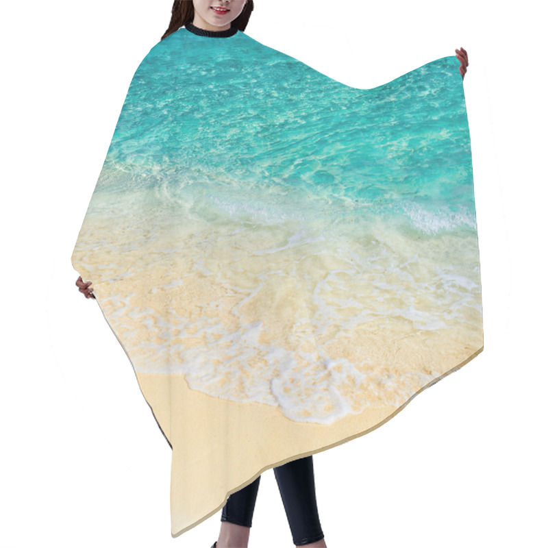 Personality  Soft Wave Of The Turquoise Sea On The Sandy Beach. Natural Summe Hair Cutting Cape