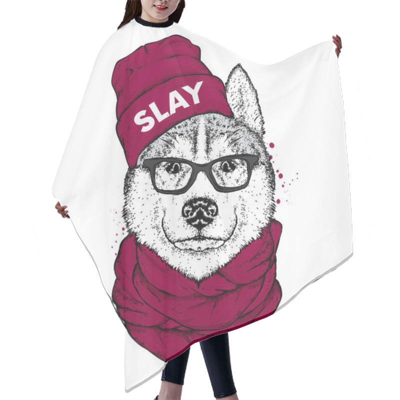 Personality  Husky In A Stylish Hat, Scarf And Glasses. A Pedigree Dog In Clothes And Accessories. Fashion & Style. Vector Illustration. Hair Cutting Cape