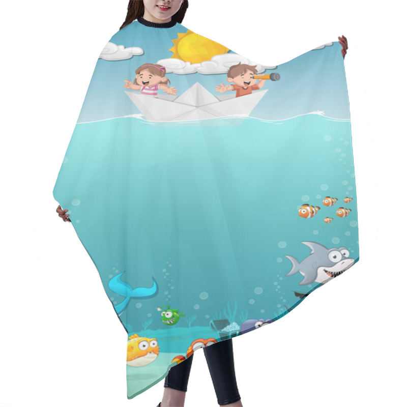 Personality  Kids Inside A Paper Boat At The Ocean With Fish Under Water.  Hair Cutting Cape