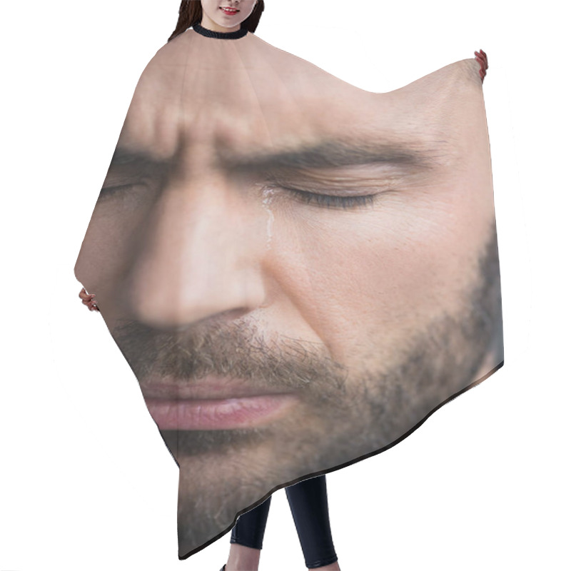 Personality  Portrait Of Handsome, Bearded Depressed Man Crying With Closed Eyes Hair Cutting Cape